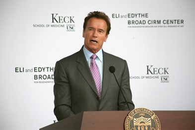 California Gov. Arnold Schwarzenegger addresses the crowd gathered outside the new building.