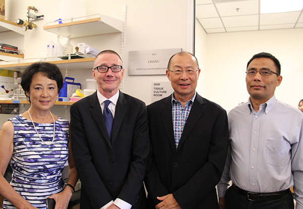 From right, Qi-Long Ying, director of the Chang Stem Cell Engineering Facility; Daniel Chang; Andy McMahon, director of the Eli and Edythe Broad Center for Regenerative Medicine and Stem Cell Research at USC; and Cai Li Chang (Photo by Cristy Lytal)