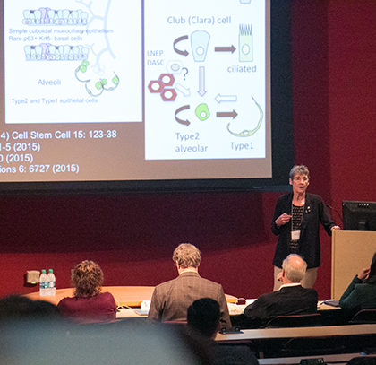 Keynote speaker Brigid Hogan presents at the Hastings Center for Pulmonary Research inaugural symposium March 11. (Photo courtesy of HSC News)