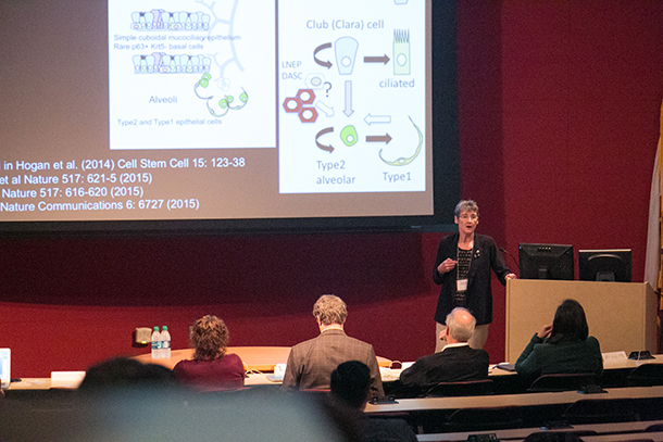 Keynote speaker Brigid Hogan presents at the Hastings Center for Pulmonary Research inaugural symposium March 11. (Photo courtesy of HSC News)
