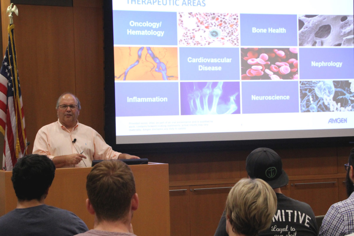 Amgen's Bill Richards recently visited USC to provide an introduction to the company. (Photo by Cristy Lytal)