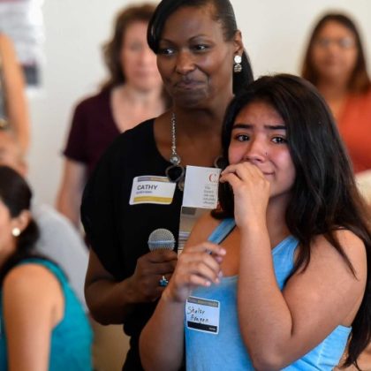 Shelsy Aragon’s emotional moment at the the conference. (Photo by Gus Ruelas)