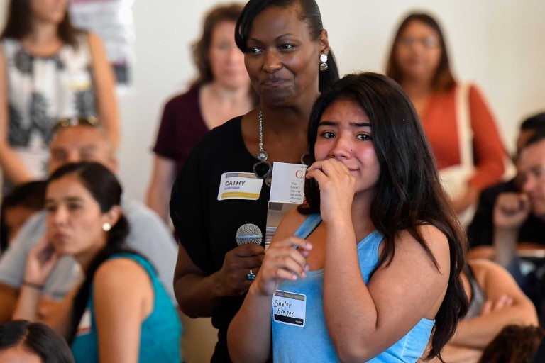Shelsy Aragon’s emotional moment at the the conference. (Photo by Gus Ruelas)