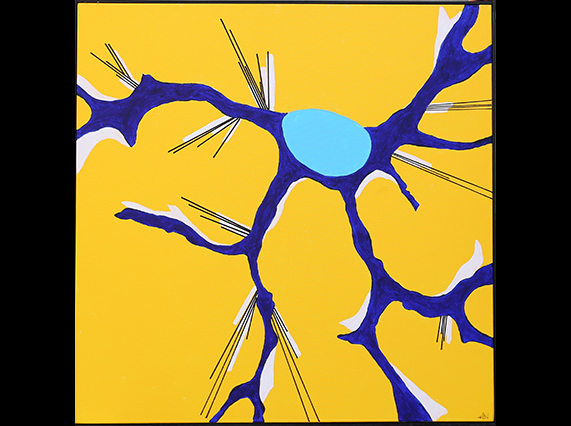 The Astrocyte (Acrylic and Krink on canvas, 2017): During development, neural stem cells differentiate into many different types of cells, including the astrocytes that maintain the optimal environment for neurons to transmit signals. Neural stem cells have the potential to be used in cell replacement therapy, drug delivery and disease modeling.