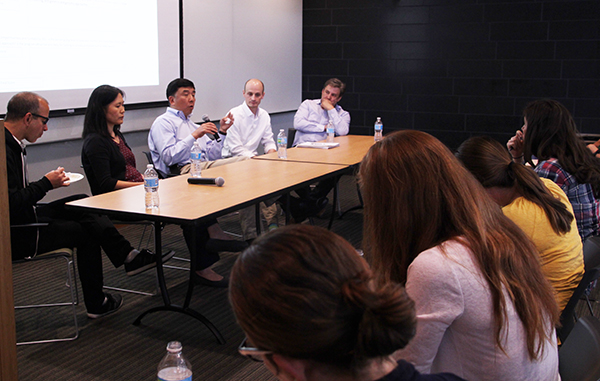 From left, Gage Crump, Min Yu, Yang Chai, Joseph T. Rodgers and Denis Evseenko—all faculty in the Department of Stem Cell Biology and Regenerative Medicine—led a panel discussion about “Preparing for the faculty job market.” (Photo by Cristy Lytal)