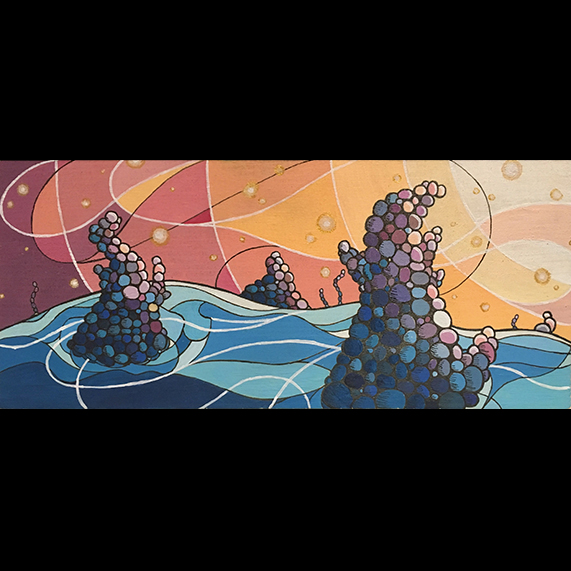 On the Surface: This painting depicts a close-up look at the surface, or membrane, of a cell. Embedded in the surface are receptors, or proteins that receive the molecular signals, such as hormones, neurotransmitters and nutrients, that allow for cell-cell communication. 