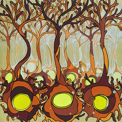 Neuronal Forest: This painting captures the motor neurons that transmit electrical impulses from the spinal cord to the muscles, facilitating movement. USC Stem Cell researcher Justin Ichida is using stem cells to generate patient-specific motor neurons, which can be used to test therapeutic drugs to treat neurodegenerative diseases, such as amyotrophic lateral sclerosis (ALS).