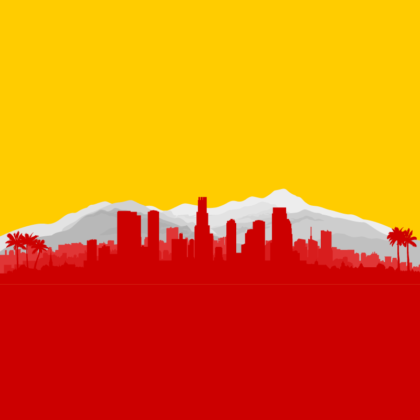 Los Angeles skyline in cardinal and gold