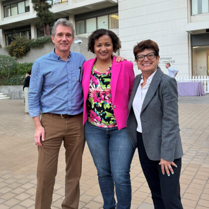 From right, Dean Carolyn Meltzer, Senta Georgia, and Charles (Chuck) Murry (Photo courtesy of Charles (Chuck) Murry); featured image for Keck School of Medicine celebrates faculty achievements at annual awards ceremony