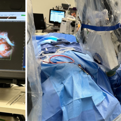 On the left, the computer screen displays the video image and two OCT images taken during the surgery. On the right, Oghalai is collecting data while performing the surgery. (Photo by John Oghalai); featured image for An innovative approach to hearing loss: John Oghalai receives R01 grant for OCT imaging of the human inner ear