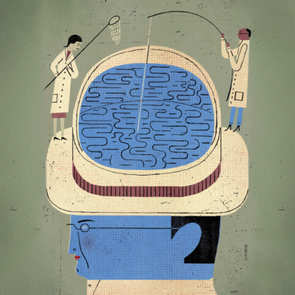 Brain illustration (Illustration by David Plunkett); featured image for Brilliant minds, healthy brains