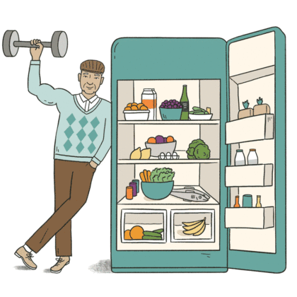Illustration of man lifting weights by a refrigerator (Illustrations by Drue Wagner); featured image for Turn back the clock on aging