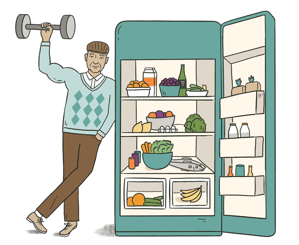 Illustration of man lifting weights by a refrigerator (Illustrations by Drue Wagner)