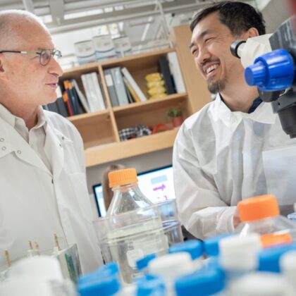 Pinchas Cohen (left) in the lab (Photo courtesy of the USC Davis School of Gerontology); featured image for A powerhouse of innovation