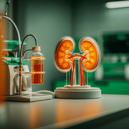 Kidney model (Image by Midjourney); featured image for Tiny particles in urine could be the key to treating a deadly childhood kidney disease